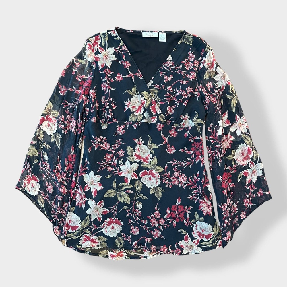 New‎ York City Design Co Vintage Y2K Silk Flare Sleeve Floral Top Size L